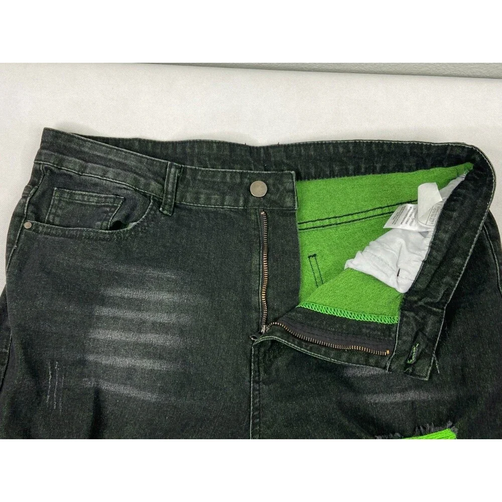 Men 36/29 Black Stretch Denim Jeans Green Distressed Urban Wear - Picture 8 of 9
